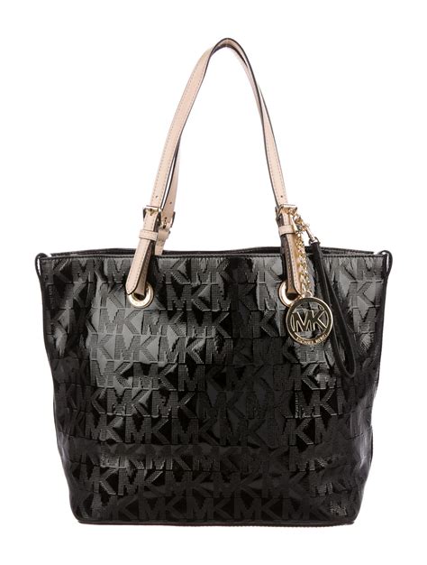 michael kors black leather purse with gold chain|michael kors black patent tote.